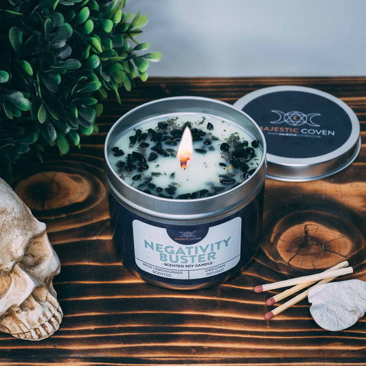 Negativity Buster - Obsidian Infused Crystal Soy Candle Majestic Coven